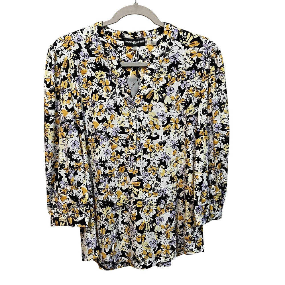 Karl Lagerfeld‎ Paris Womens Floral Split V-Neck 3/4 Sleeve Blouse Yellow M NWT